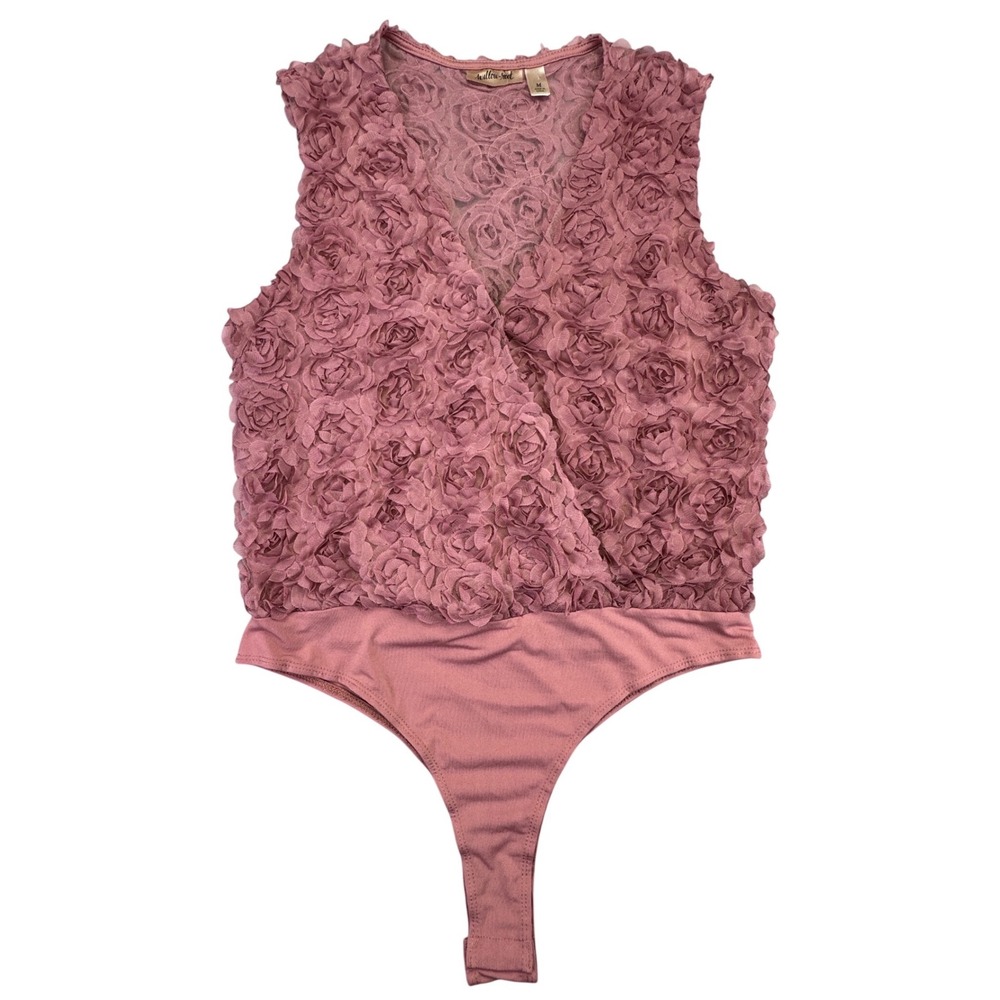 Willow & Root Bodysuit Women's Medium Flower Mesh V-Neck Dusty Pink Rose Texture